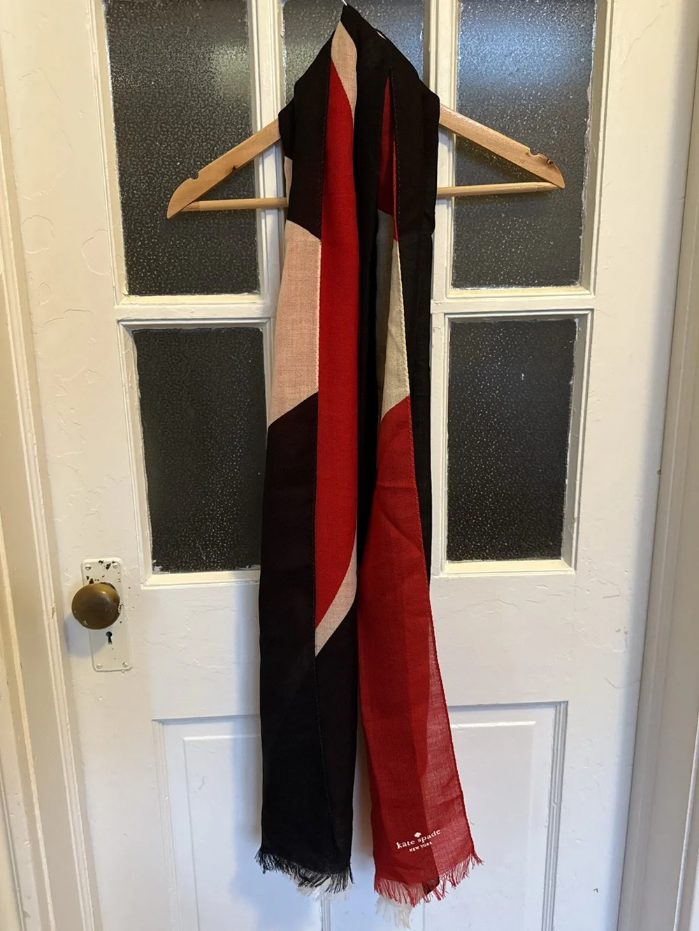 Kate Spade New York Tricolor Colorblock Scarf Wrap Red Black Cream Fringe